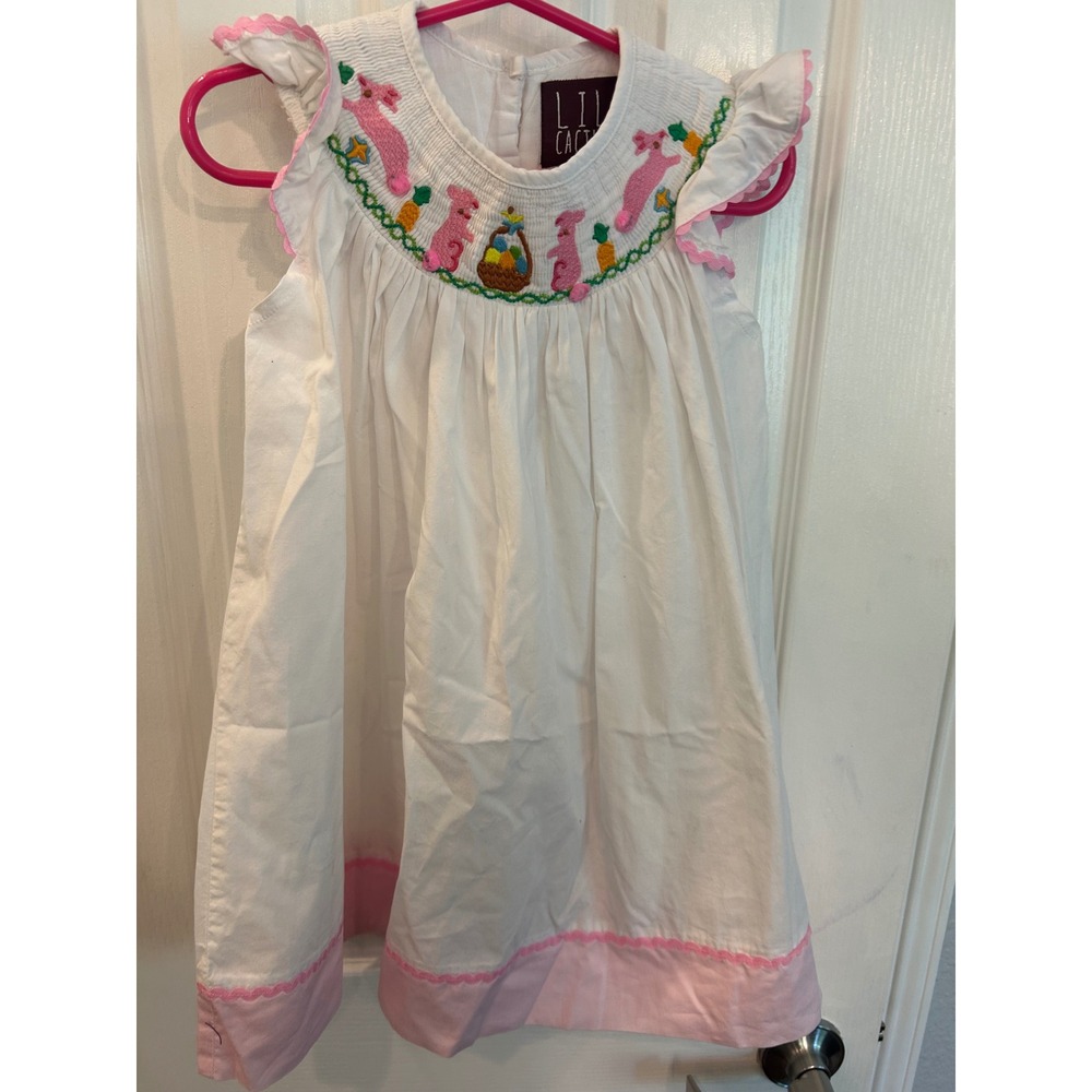 Lil Cactus Smocked Dress White Pink Easter Bunny‎ Embroidered Ric Rac 3T